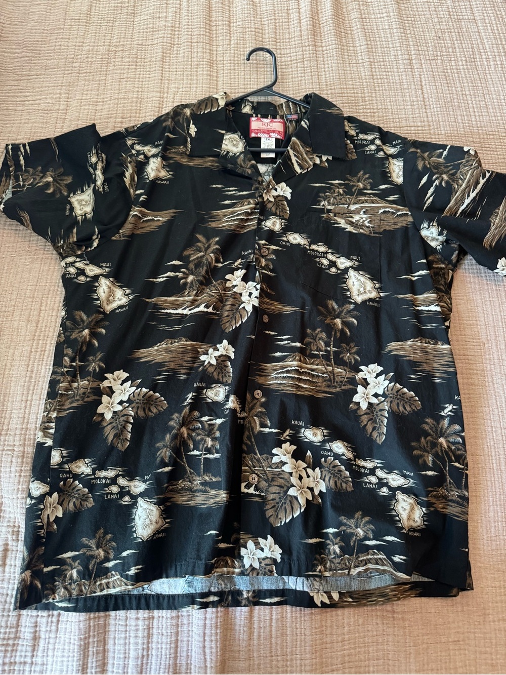 Men's Black Hawaiian Button-Down Shirt with Brown and Cream Floral Print